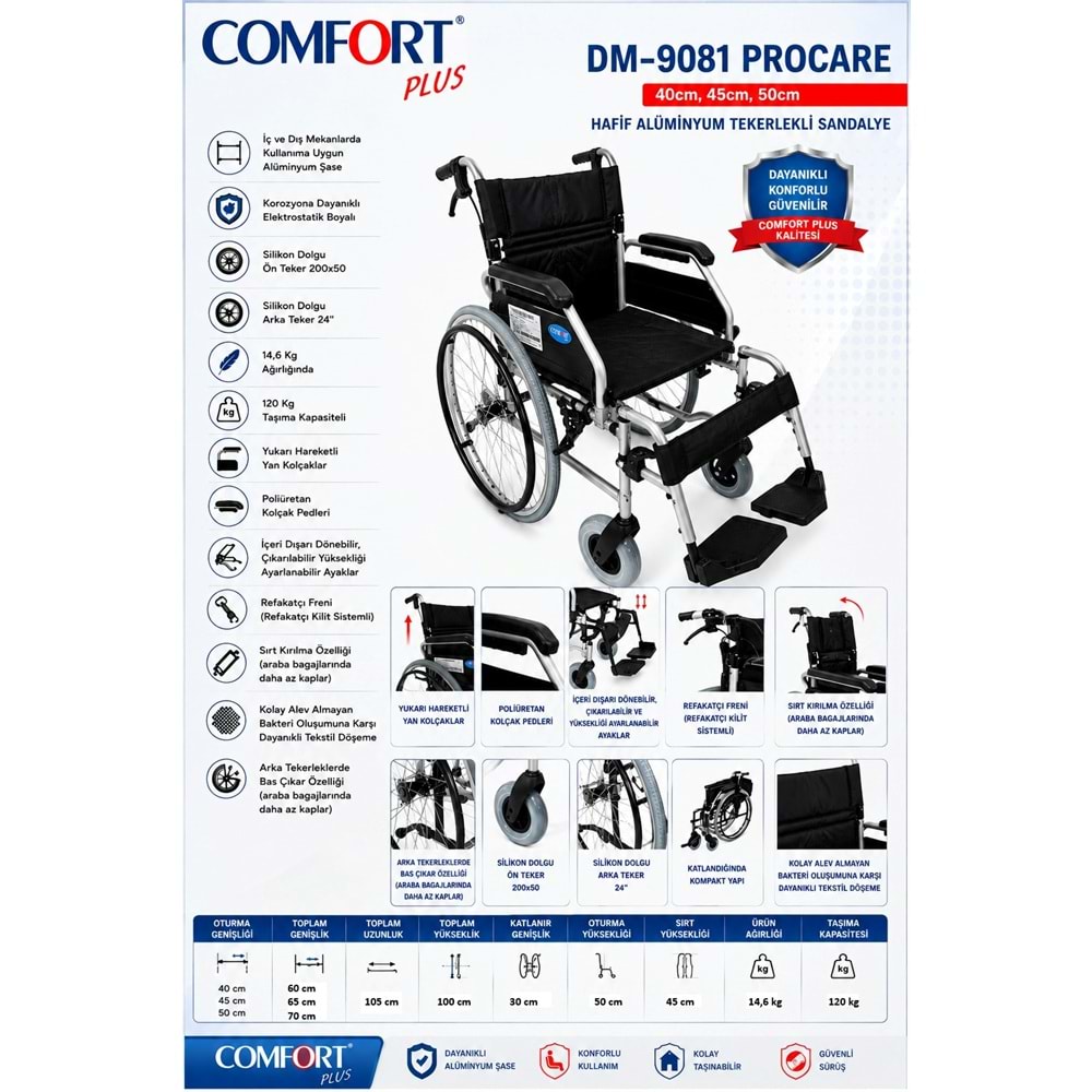 Comfort Plus DM-9081 40CM Procare (YK9081) Hafif Alüminyum Tekerlekli Sandalye