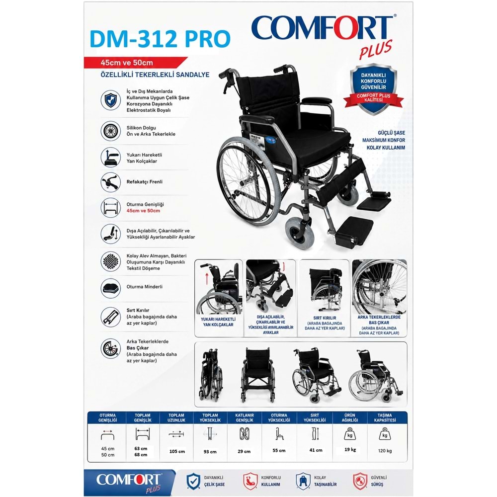 Comfort Plus DM-312 Pro 45CM (YK9031) Özellikli Tekerlekli Sandalye
